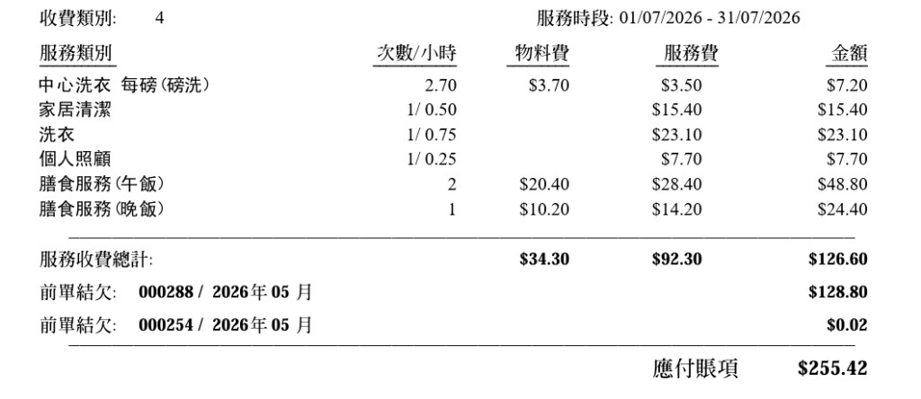 Service charge statement with service items, fees and amount due